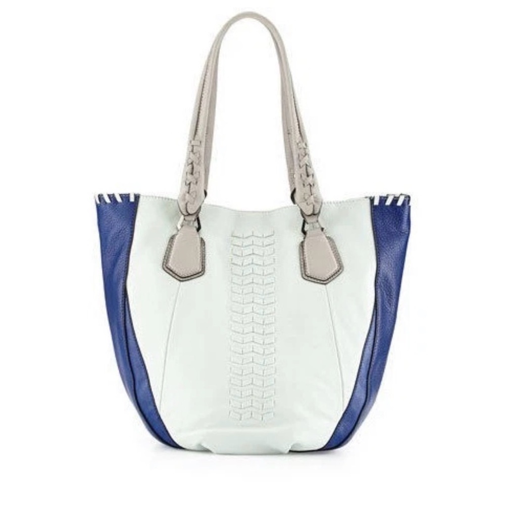 orYANY Woven Detail Leather Tote Mint Navy Taupe Colorblock Shoulder Bag